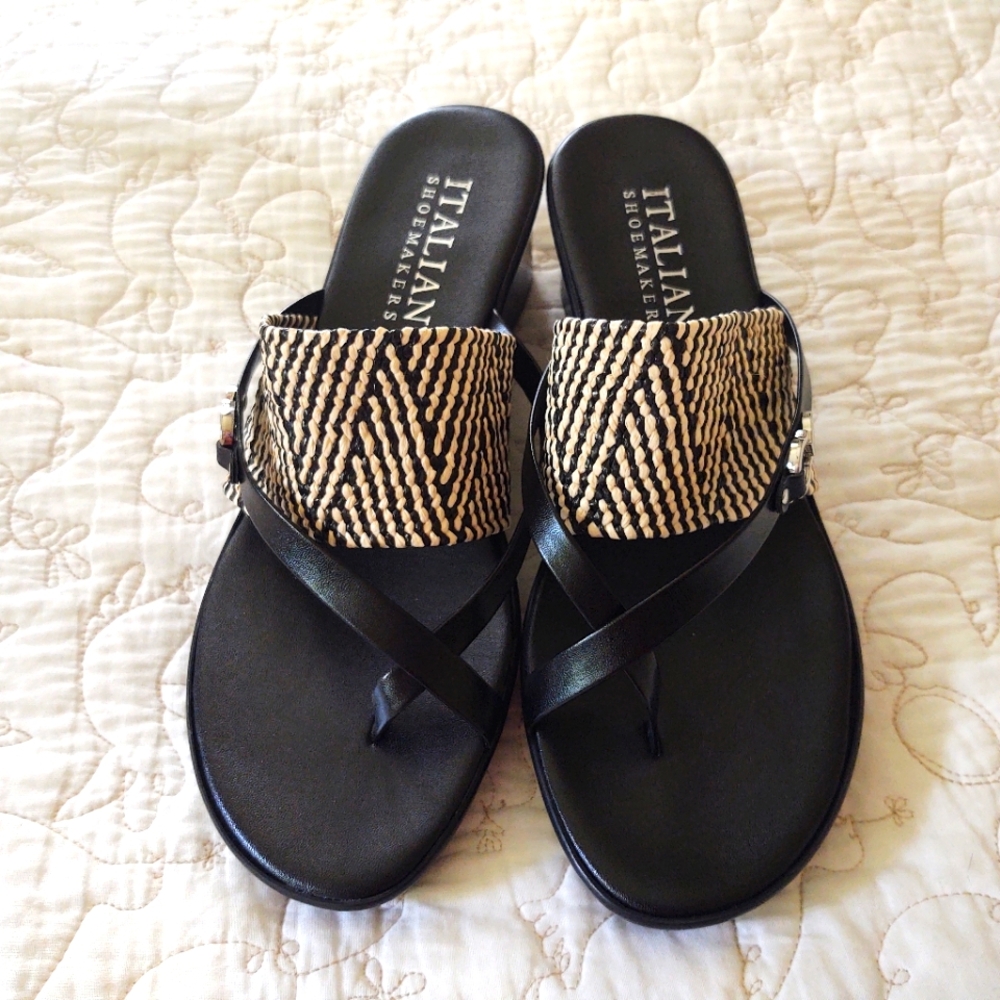 Italian Shoemakers Yelena Black and Beige Woven Sandals...NEW